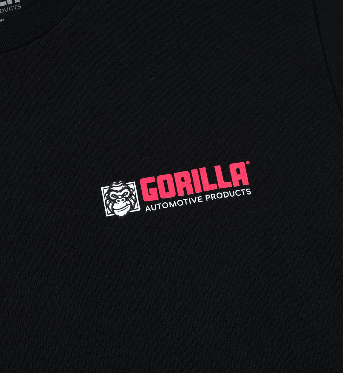 Gorilla logo short sleeve t-shirt in red text on a black background.