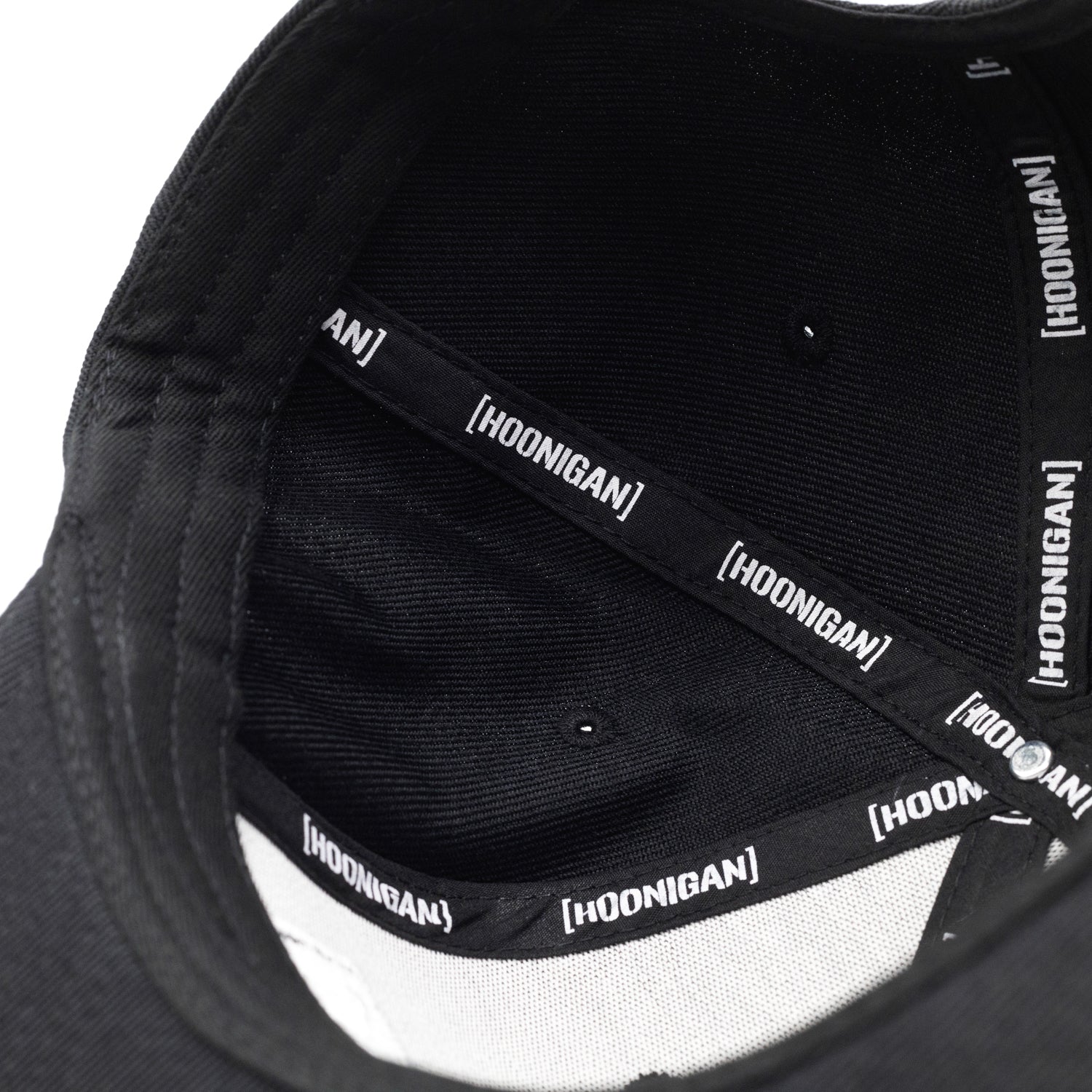 Hoonigan CENSOR BAR Snapback Hat in black with embroidered logo on the front and adjustable strap at the back.