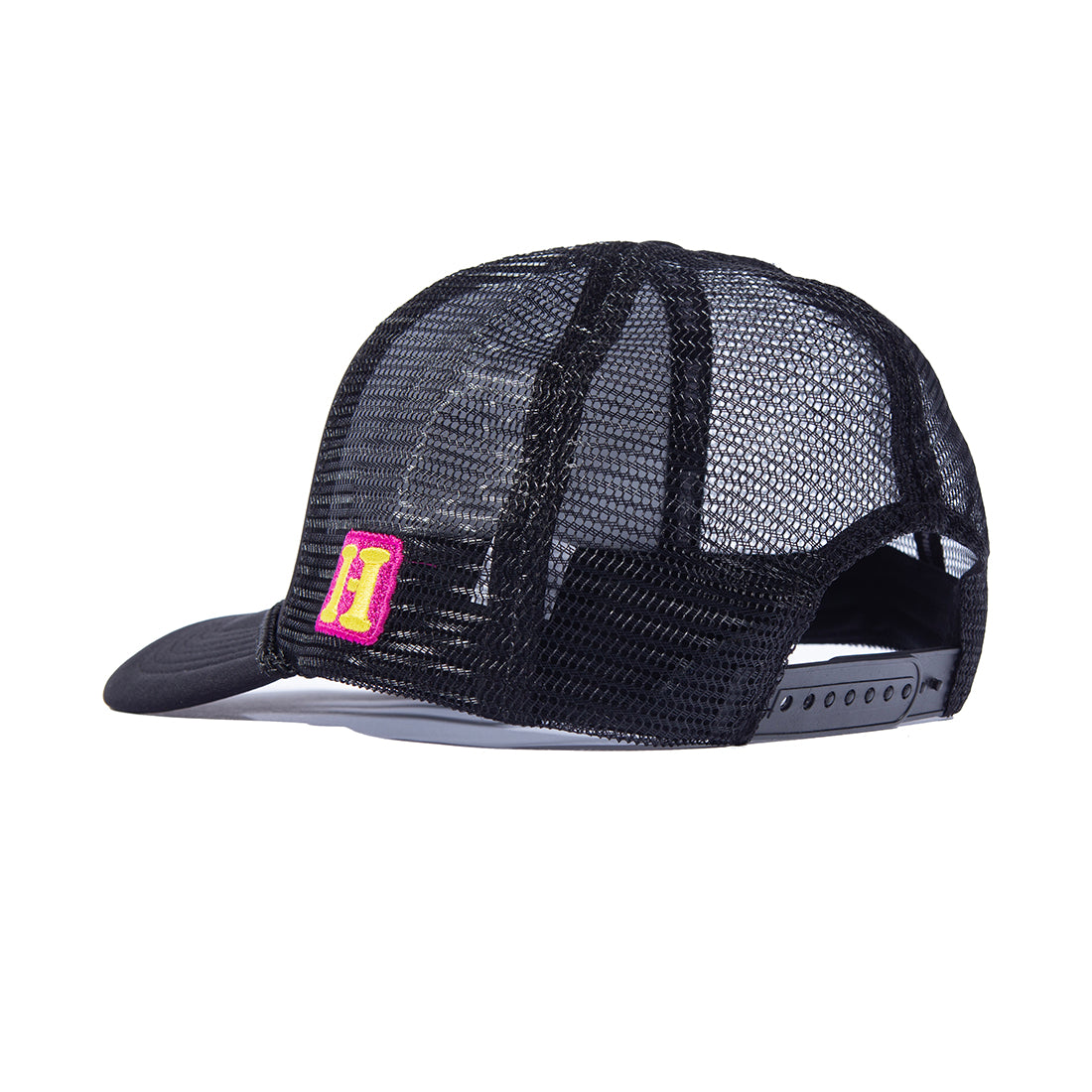 Hoonigan GET LOST Trucker Hat in black, featuring a breathable mesh back and adjustable snap closure, shown at an angled view.