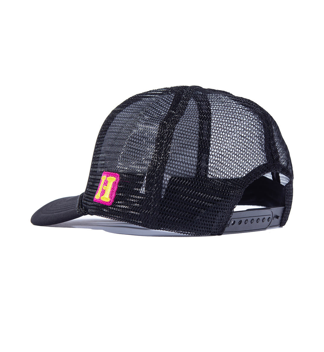 Hoonigan GET LOST Trucker Hat in black, featuring a breathable mesh back and adjustable snap closure, shown at an angled view.