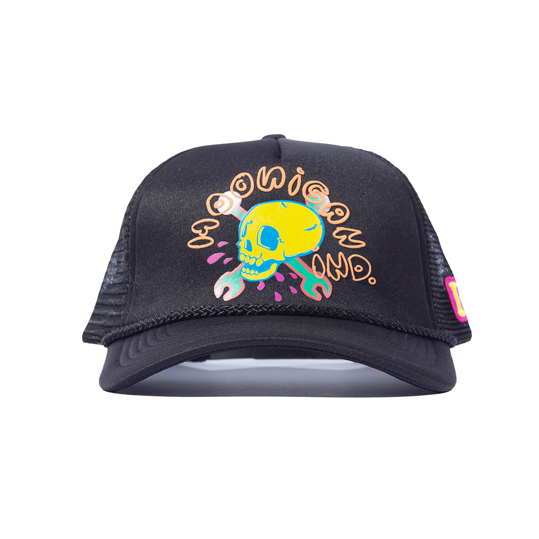 Black Hoonigan GET LOST trucker hat featuring a bold logo on the front and a mesh back for breathability.