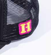 Hoonigan GET LOST Trucker Hat in black with adjustable snapback and embroidered logo details.