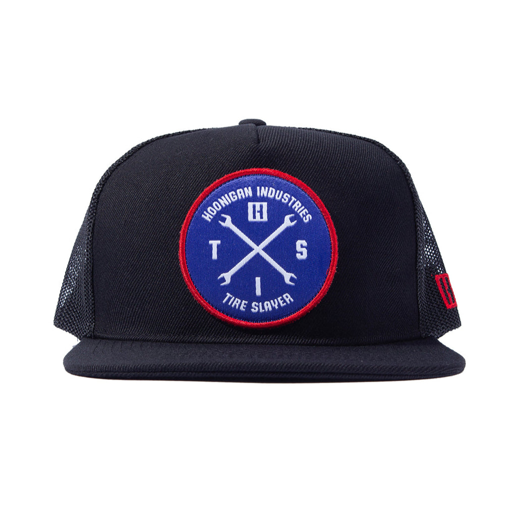 Hoonigan HITS v2 trucker hat in brown, white, and blue, featuring a front logo patch and mesh back.