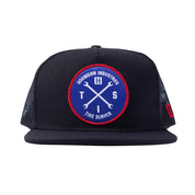 Hoonigan HITS v2 trucker hat in brown, white, and blue, featuring a front logo patch and mesh back.