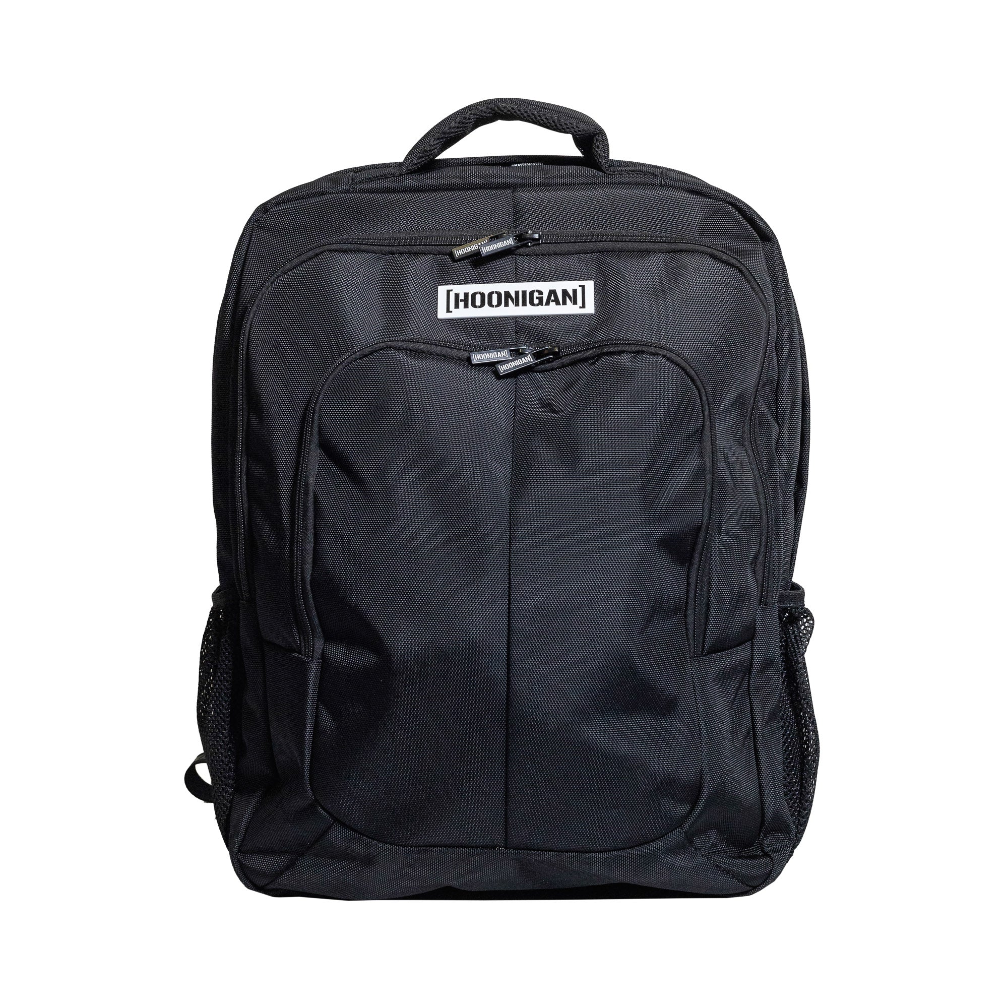 Hoonigan METAL BAR Backpack featuring a sleek black design with a bold logo and multiple compartments, perfect for everyday use.