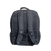Hoonigan METAL BAR Backpack featuring a sleek black design with bold white logo and adjustable straps.