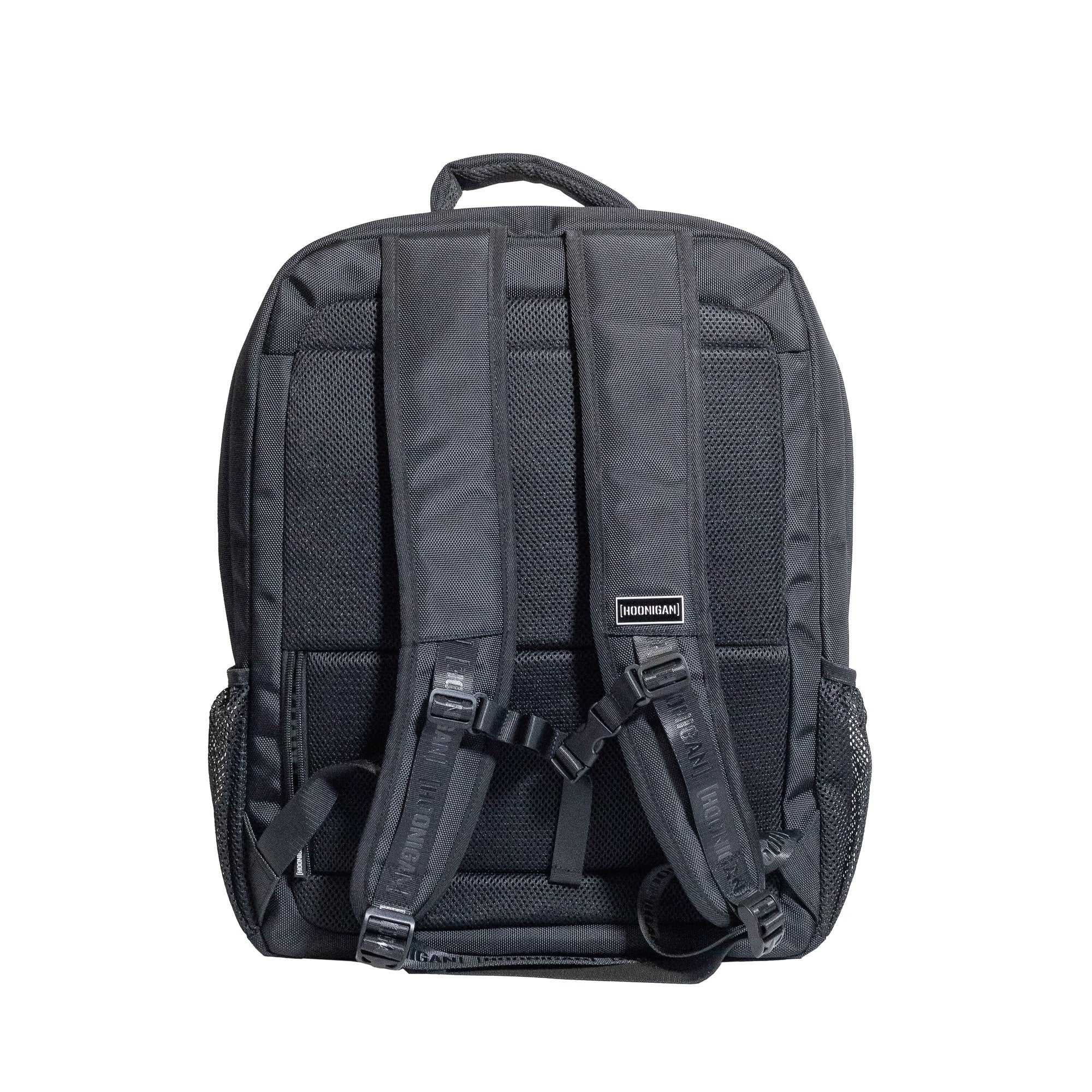 Hoonigan METAL BAR Backpack featuring a sleek black design with bold white logo and adjustable straps.