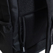 Hoonigan METAL BAR Backpack featuring a black design, adjustable straps, and a front logo patch.