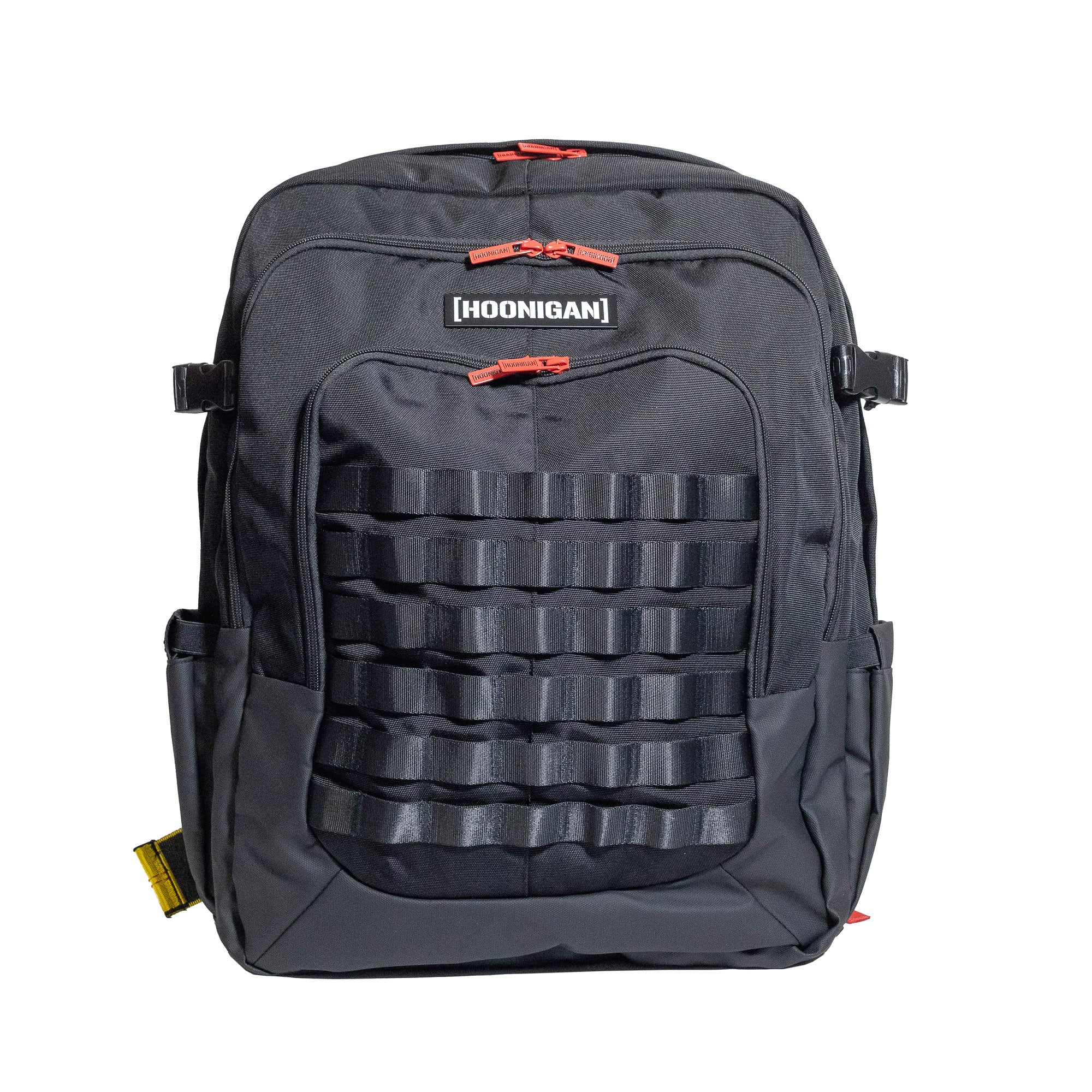 Hoonigan RATCHET STRAP Backpack featuring a unique ratchet strap design and multiple compartments for storage.