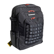 Hoonigan Ratchet Strap Backpack in black with colorful straps and logo design.