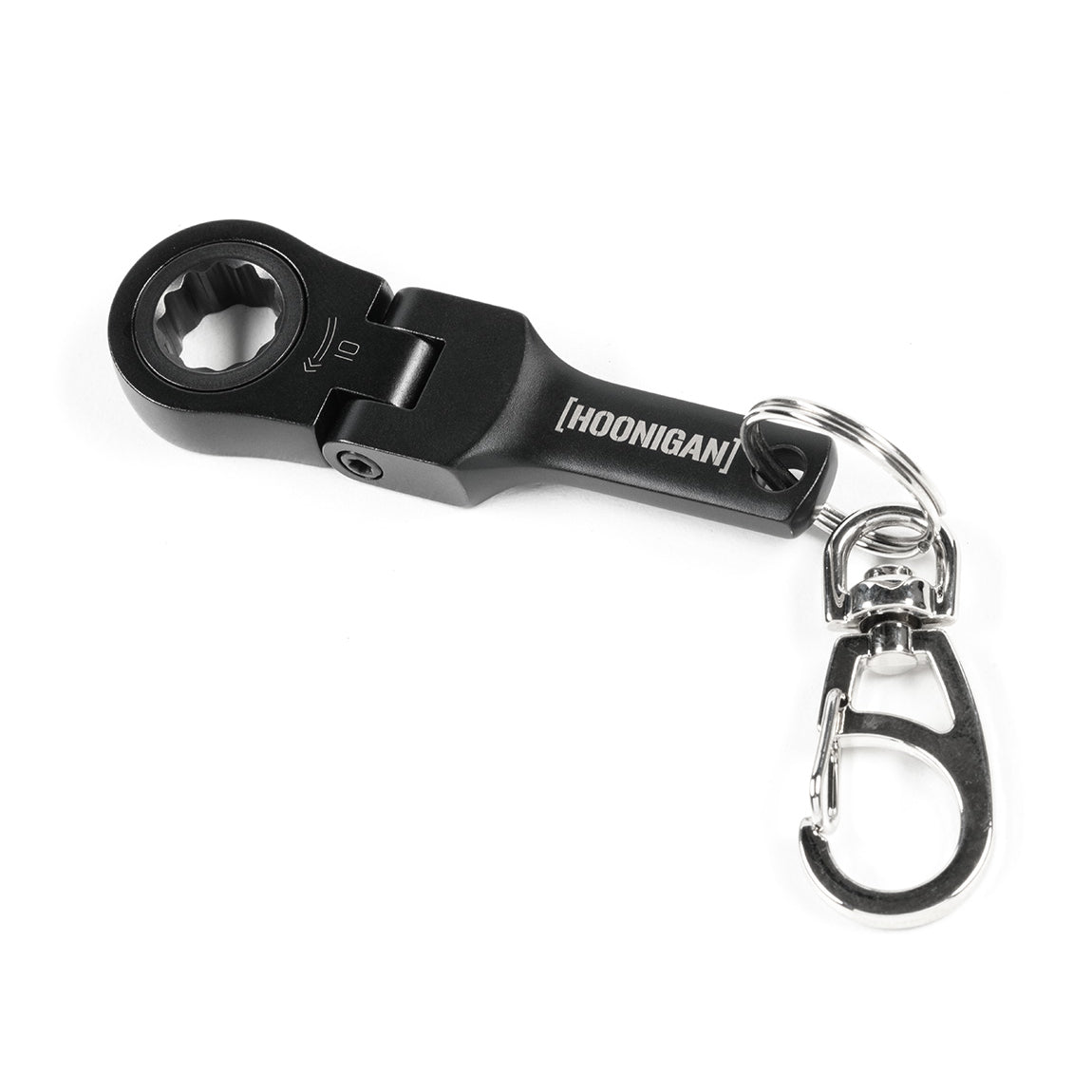 Hoonigan FOUND IT Keychain featuring a sleek black design with a ratchet tool and clip for easy attachment.
