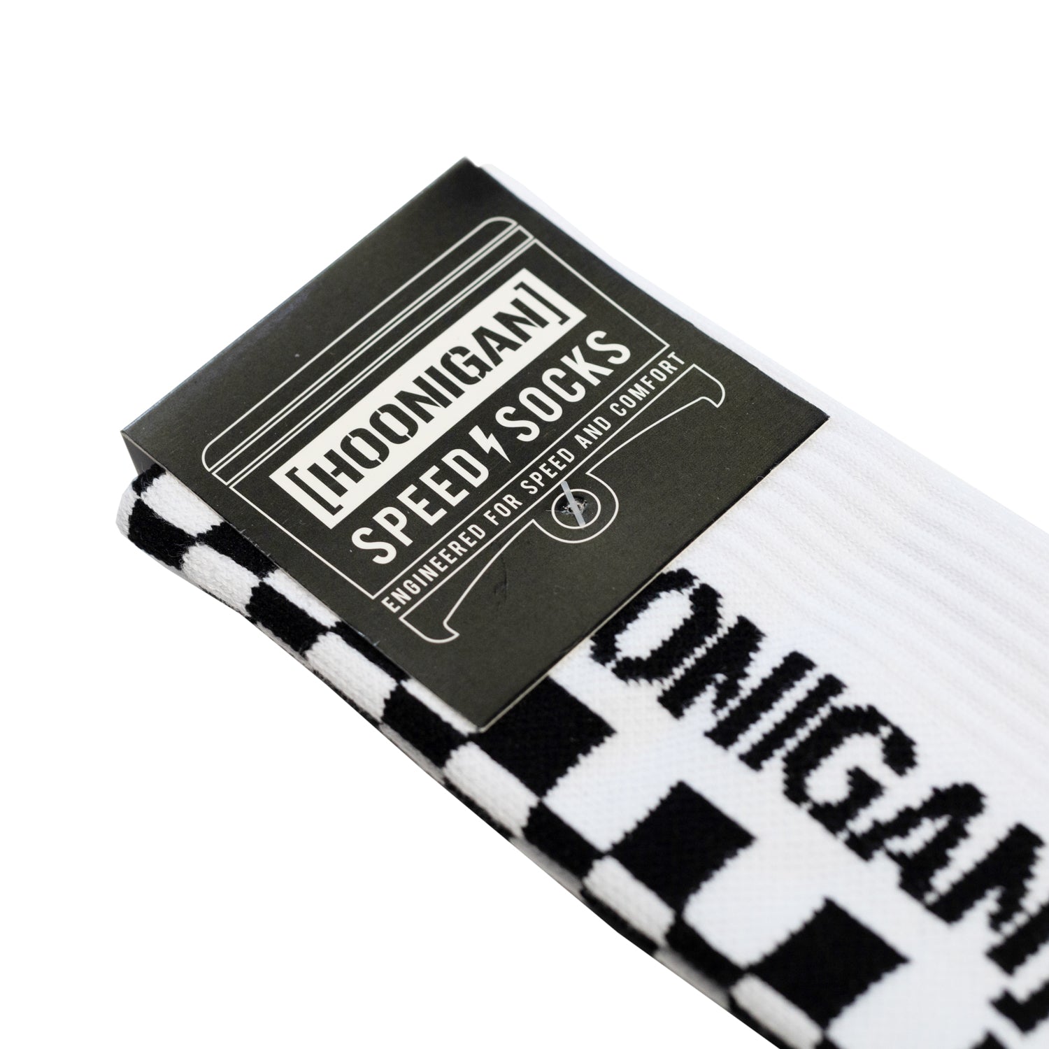 Hoonigan FINISHLINE II Crew Socks featuring a black and white design with bold logo detailing.