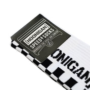 Hoonigan FINISHLINE II Crew Socks featuring a black and white design with bold logo detailing.