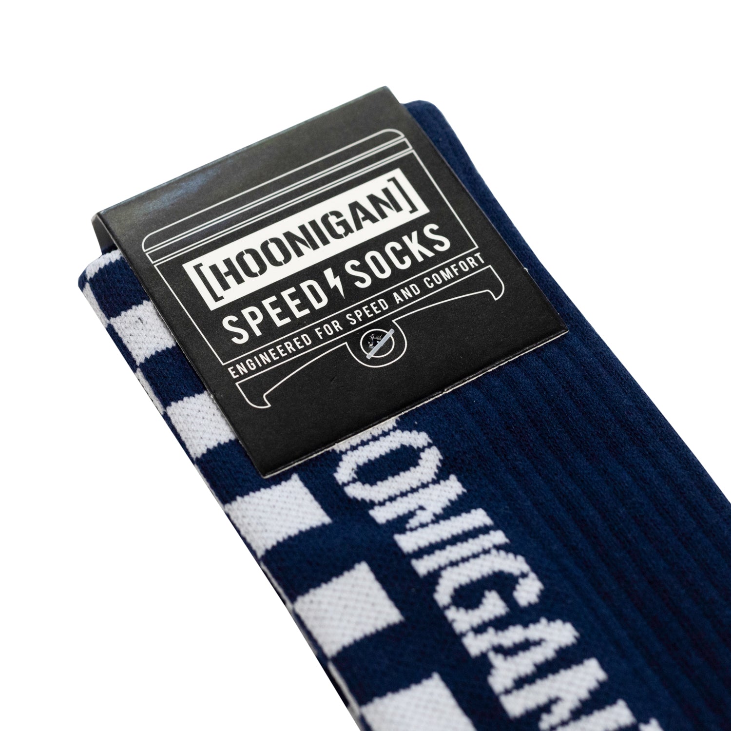 Hoonigan FINISHLINE II Crew Socks in black and white with bold logo design and striped pattern.