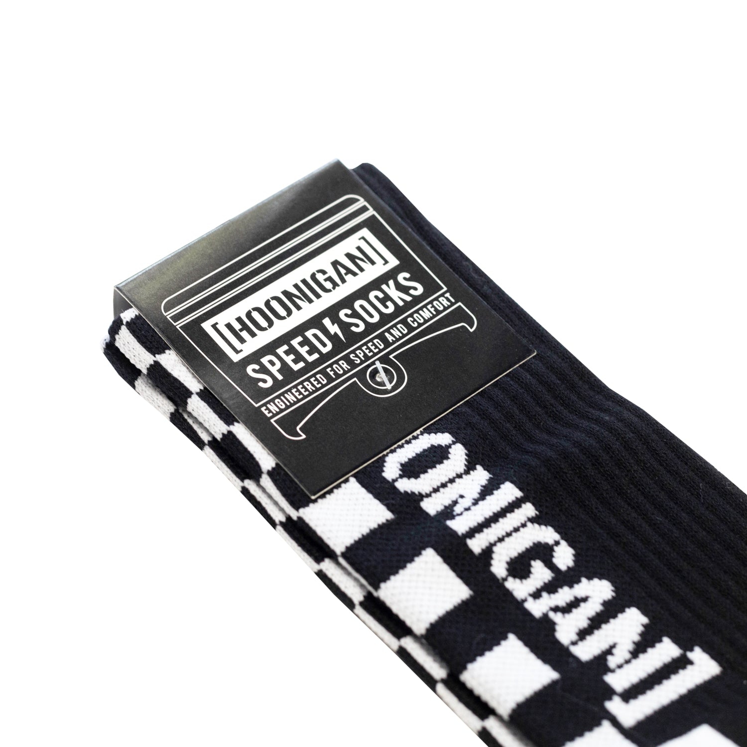 Hoonigan FINISHLINE II Crew Socks featuring a black and white design with logo and striped pattern.