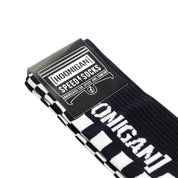 Hoonigan FINISHLINE II Crew Socks featuring a black and white design with logo and striped pattern.