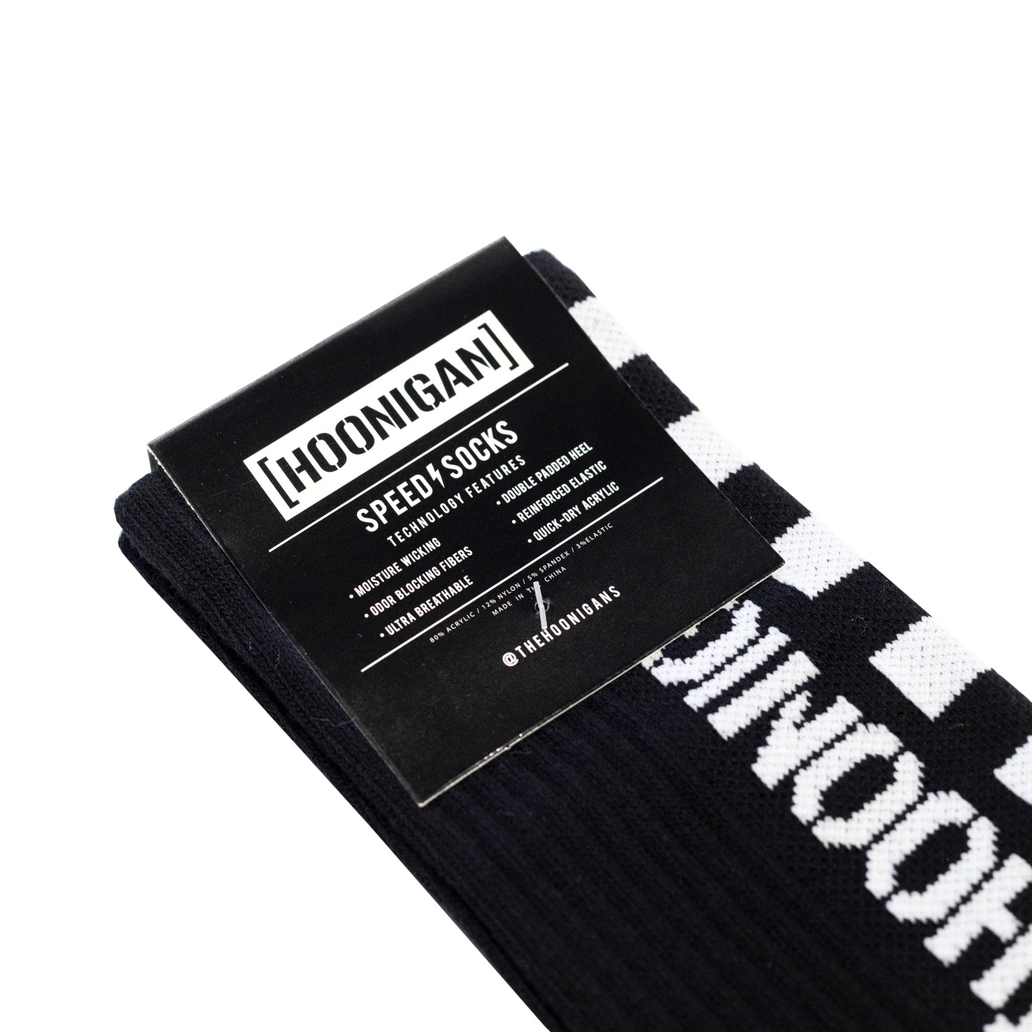 Hoonigan FINISHLINE II Crew Socks featuring a bold black and white design with logo and graphic patterns.