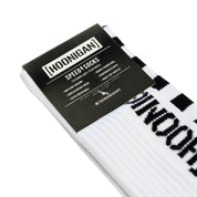 Hoonigan FINISHLINE II Crew Socks featuring a black design with white and red graphics.