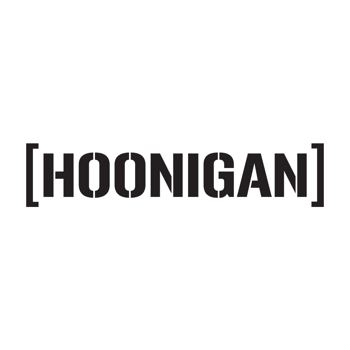 Large black "HOONIGAN" logo sticker with die-cut censor bar design, 28 inches wide, for vehicle or surface decoration.