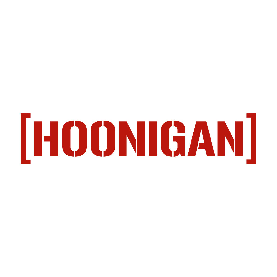 Large red "HOONIGAN" logo sticker with die-cut censor bar brackets, 28 inches wide, for vehicle or surface decoration.