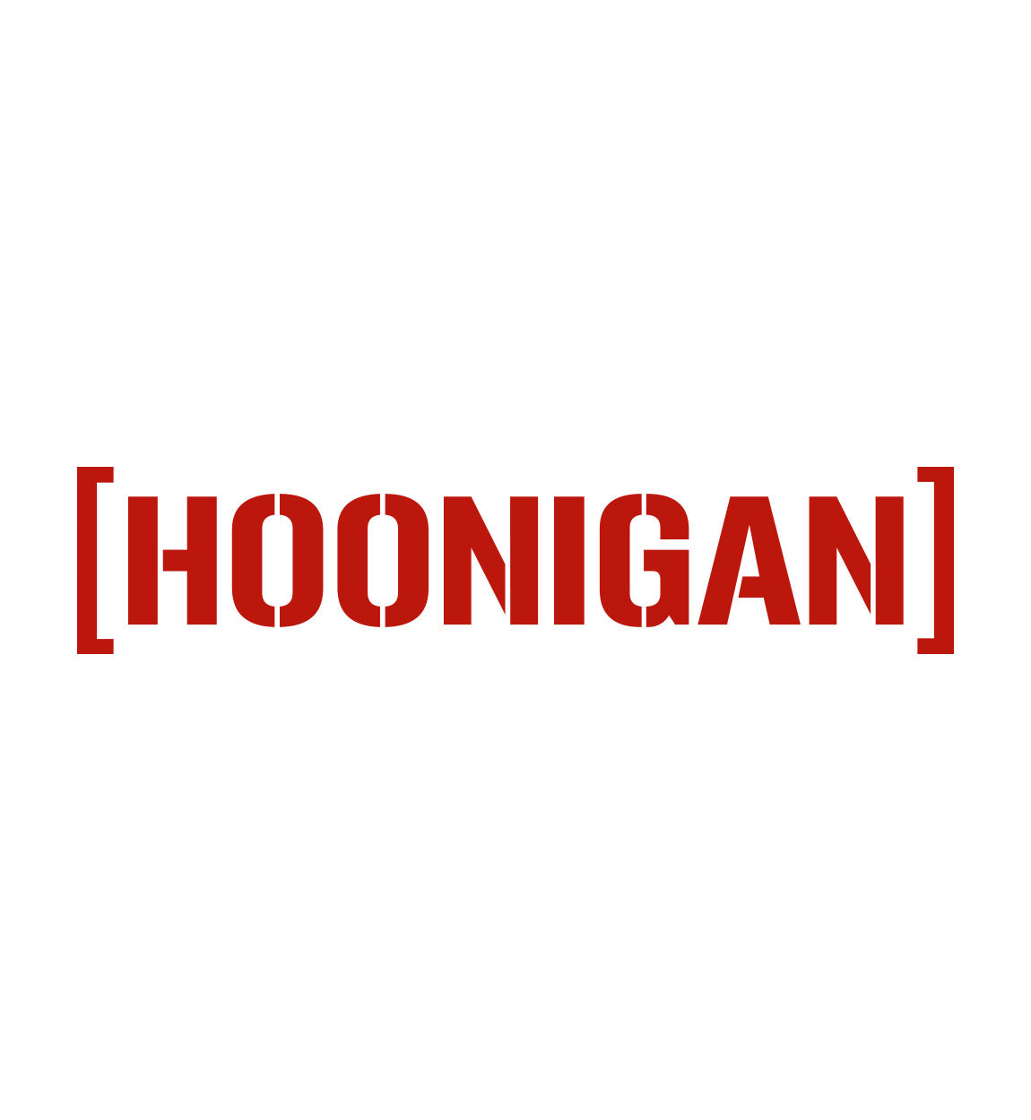 Large red "HOONIGAN" logo sticker with die-cut censor bar brackets, 28 inches wide, for vehicle or surface decoration.