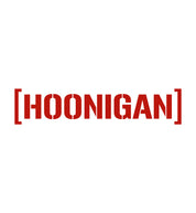 Large red "HOONIGAN" logo sticker with die-cut censor bar brackets, 28 inches wide, for vehicle or surface decoration.