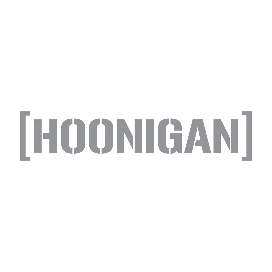 Large gray "HOONIGAN" logo sticker with a die-cut censor bar design, measuring 28 inches, for vehicle or surface decoration.
