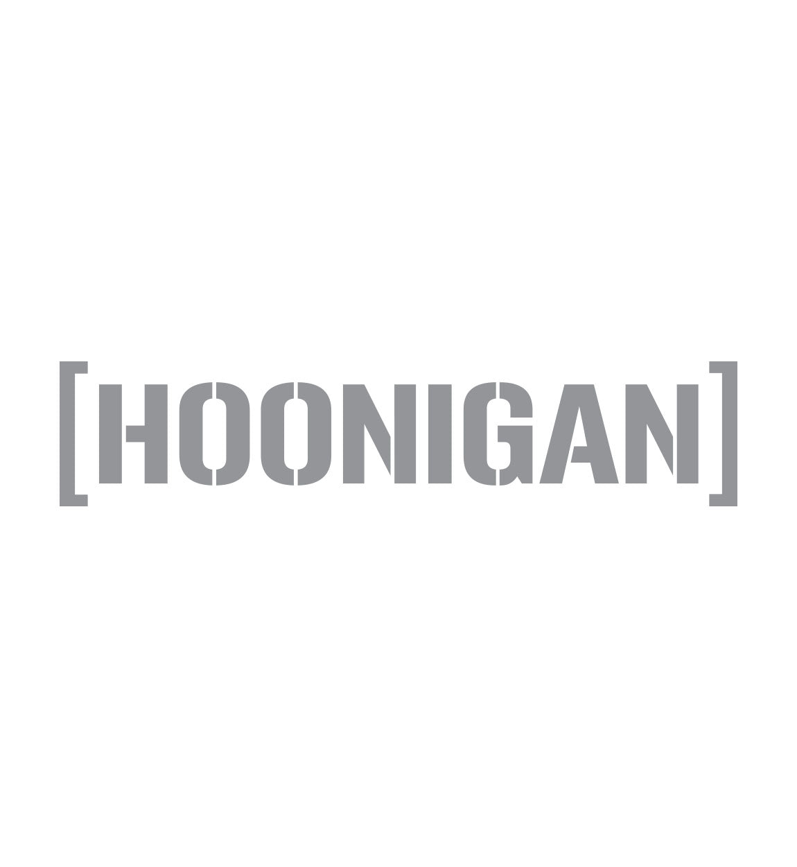Large gray "HOONIGAN" logo sticker with a die-cut censor bar design, measuring 28 inches, for vehicle or surface decoration.