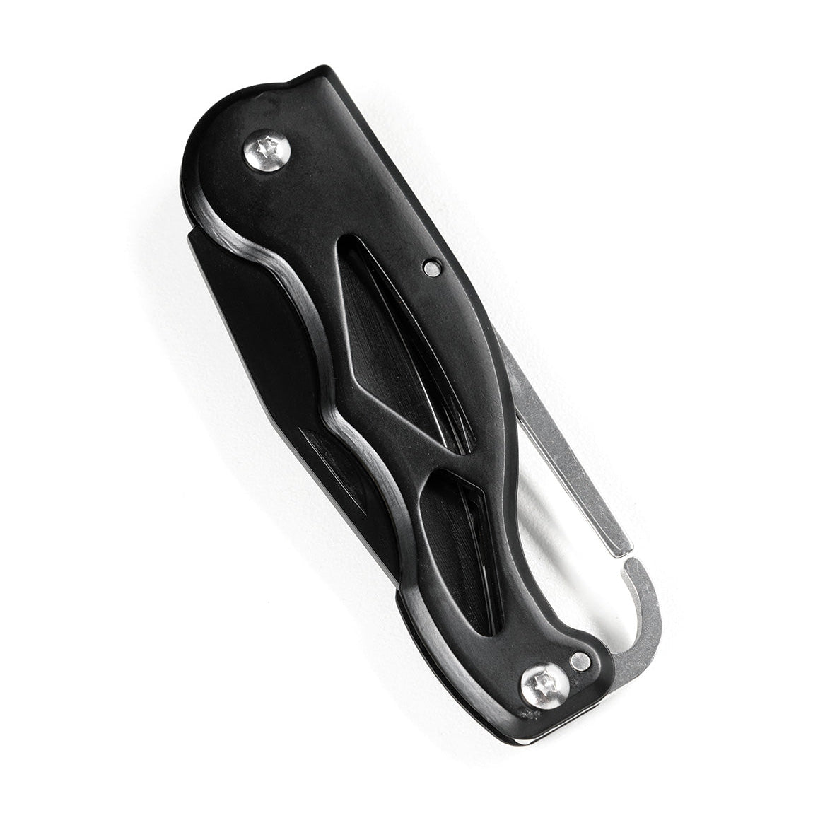 Black safety kit with a metal hook and a blade, designed for emergency use in automotive or racing situations.