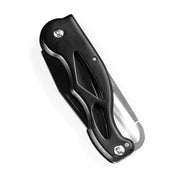 Black safety kit with a metal hook and a blade, designed for emergency use in automotive or racing situations.