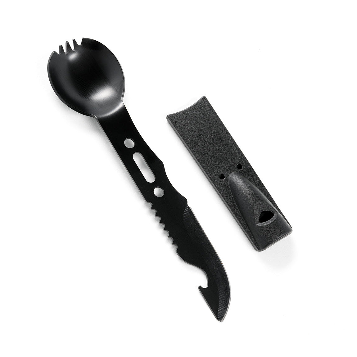 Black safety spoon with a serrated edge and a black foam handle, part of the Hoonigan OH SH*T Safety Kit for emergency use.