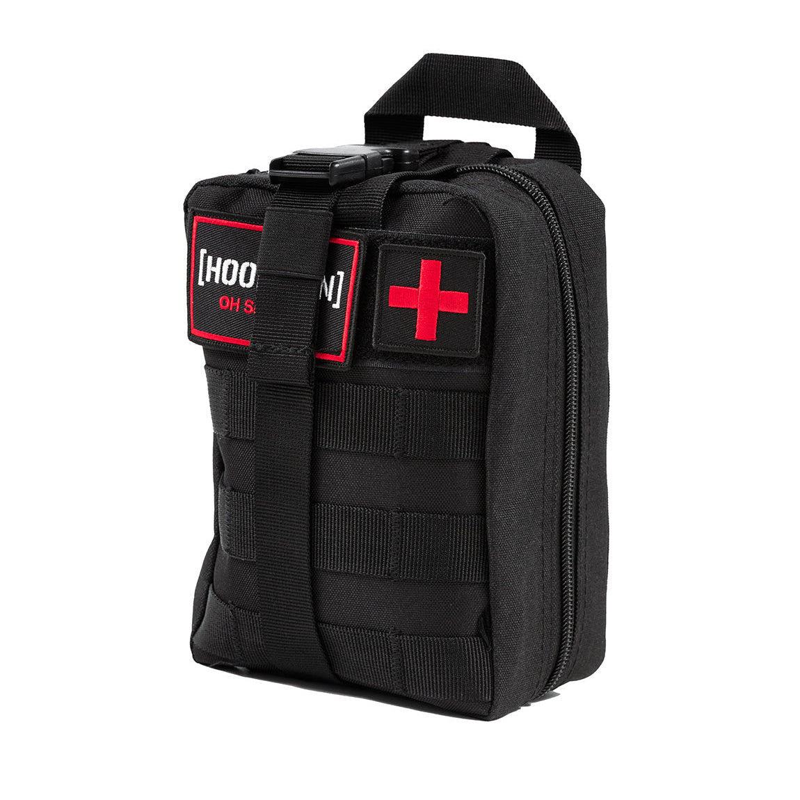 Black safety kit bag with red cross patch, labeled "Hoonigan OH SH*T," featuring a handle and zipper closure for emergency supplies.