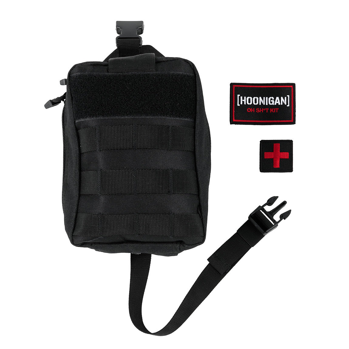 Black safety kit pouch with patches, a red cross patch, and a strap with a hook, designed for the Hoonigan OH SH*T Safety Kit.