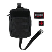 Black safety kit pouch with patches, a red cross patch, and a strap with a hook, designed for the Hoonigan OH SH*T Safety Kit.