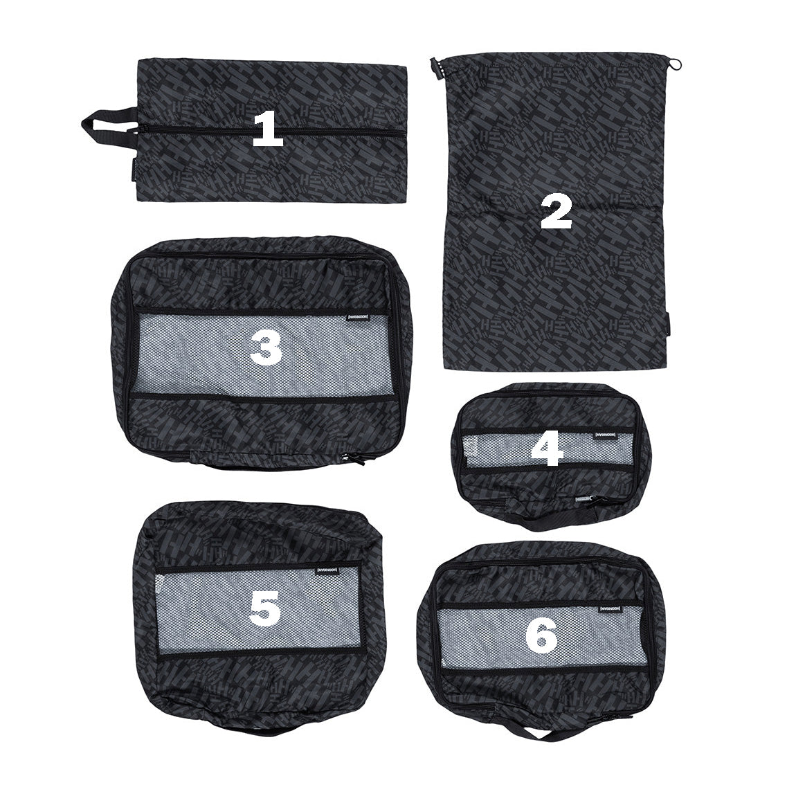 Hoonigan SCATTER H LOGO 6 Piece Packing Cubes in black and gray, displaying various sizes with a prominent logo, ideal for organized travel.