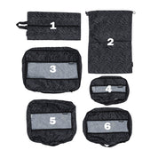 Hoonigan SCATTER H LOGO 6 Piece Packing Cubes in black and gray, displaying various sizes with a prominent logo, ideal for organized travel.