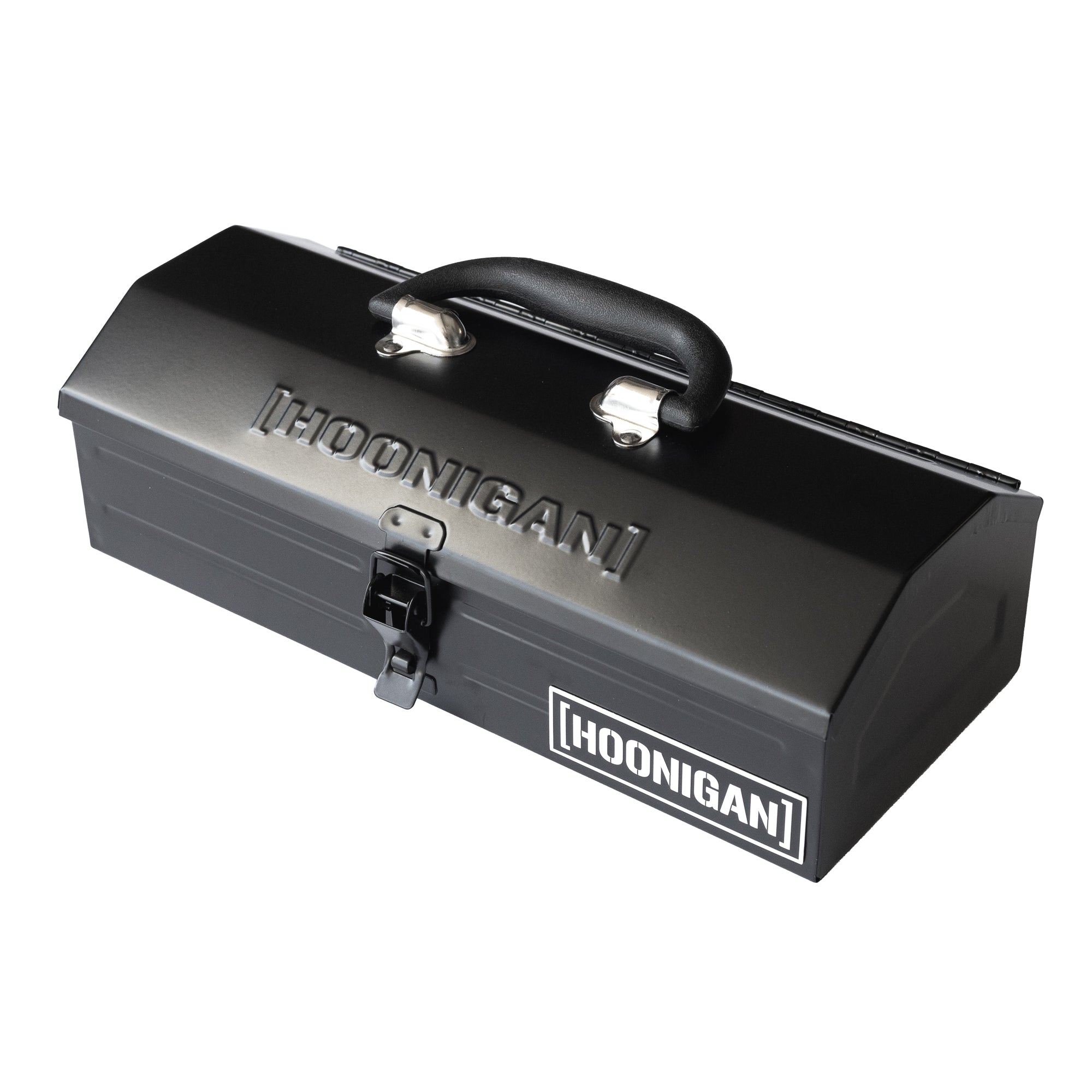 Hoonigan metal tool box featuring a sturdy handle and secure latch, designed for durability and style.