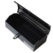 Hoonigan metal tool box with an open lid, showcasing a spacious interior and sturdy black exterior.