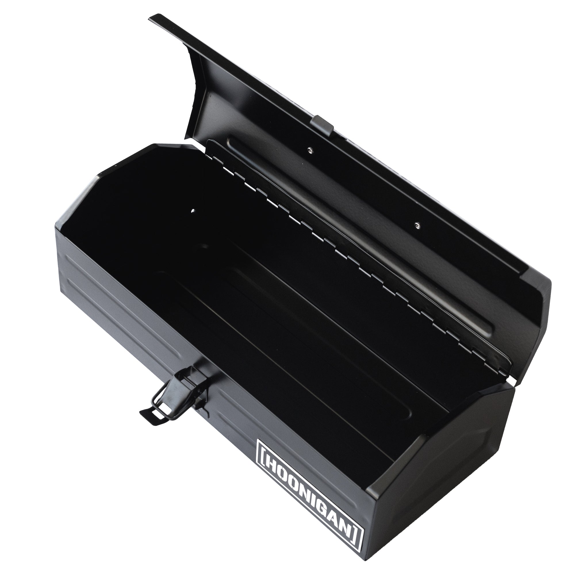 Hoonigan metal tool box with an open lid, showcasing a spacious interior and sturdy black exterior.