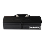 Hoonigan metal tool box featuring a sleek black design and a sturdy handle for easy transport.