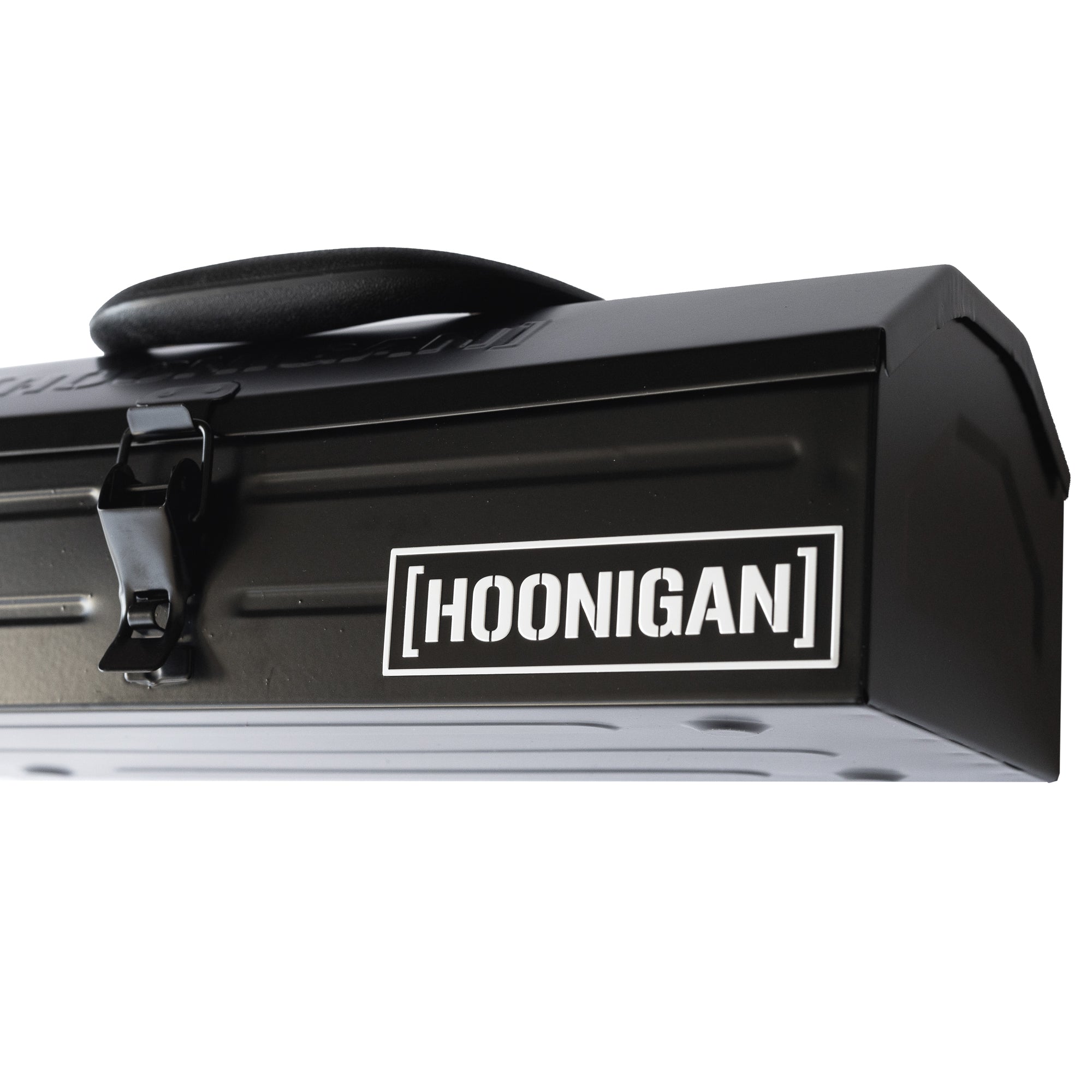 Hoonigan metal tool box featuring a sturdy handle and a prominent logo on the side, designed for durability and style.