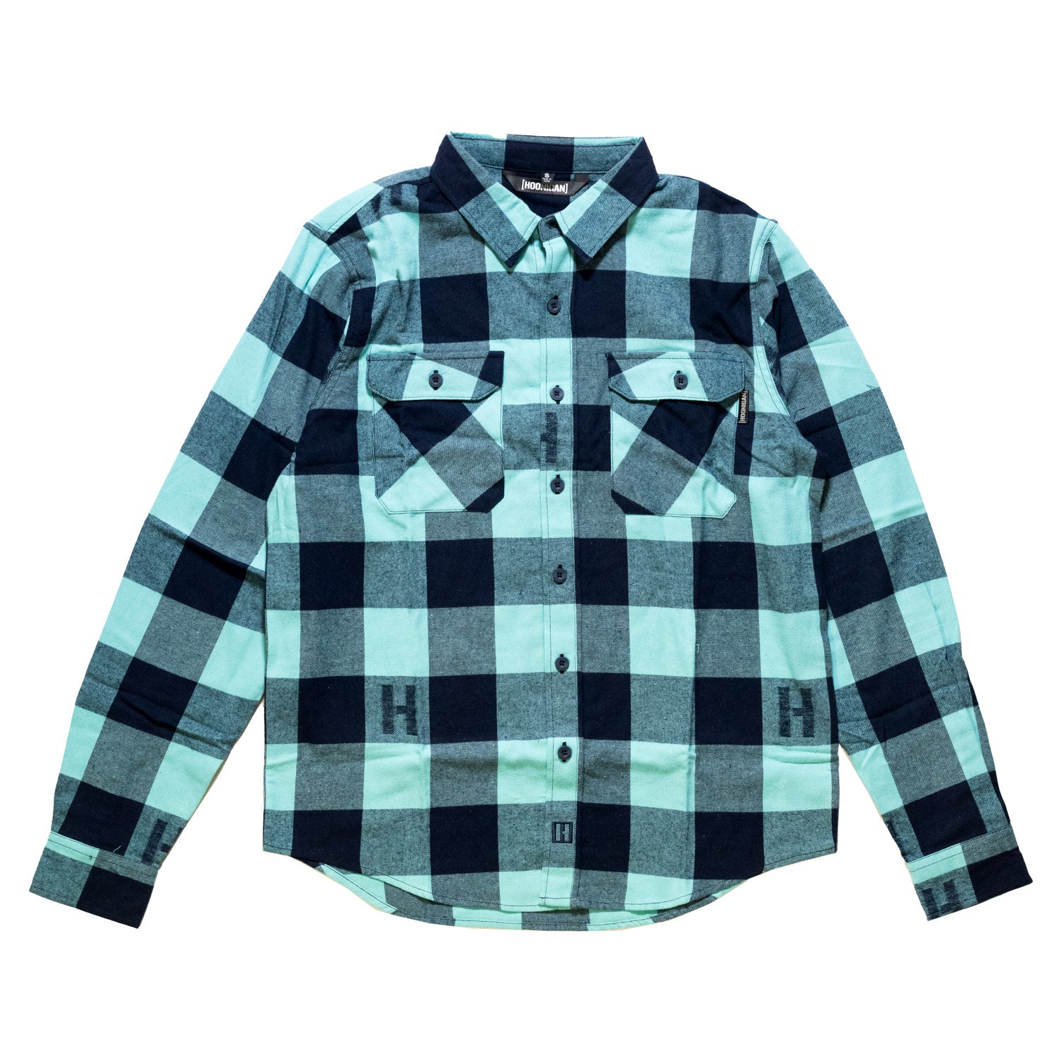 Hoonigan H Icon navy and black woven flannel long sleeve shirt with a checked pattern and logo on the chest.