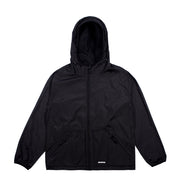 Hoonigan STANDARD ISSUE Windbreaker Jacket in black and white, featuring a bold logo on the front, zip closure, and adjustable hood.