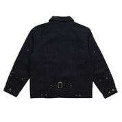 Black Hoonigan KNUCKLEBUSTERS jacket featuring a bold graphic design on the back, zip closure, and ribbed cuffs.