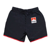 Hoonigan SURGEON GENERAL Nylon Shorts in black, featuring a logo patch on the left thigh and adjustable drawstring waist.