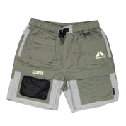 Hoonigan H.A.V.O.C. rain-activated cargo shorts in green with multiple pockets, reflective details, and adjustable waist.