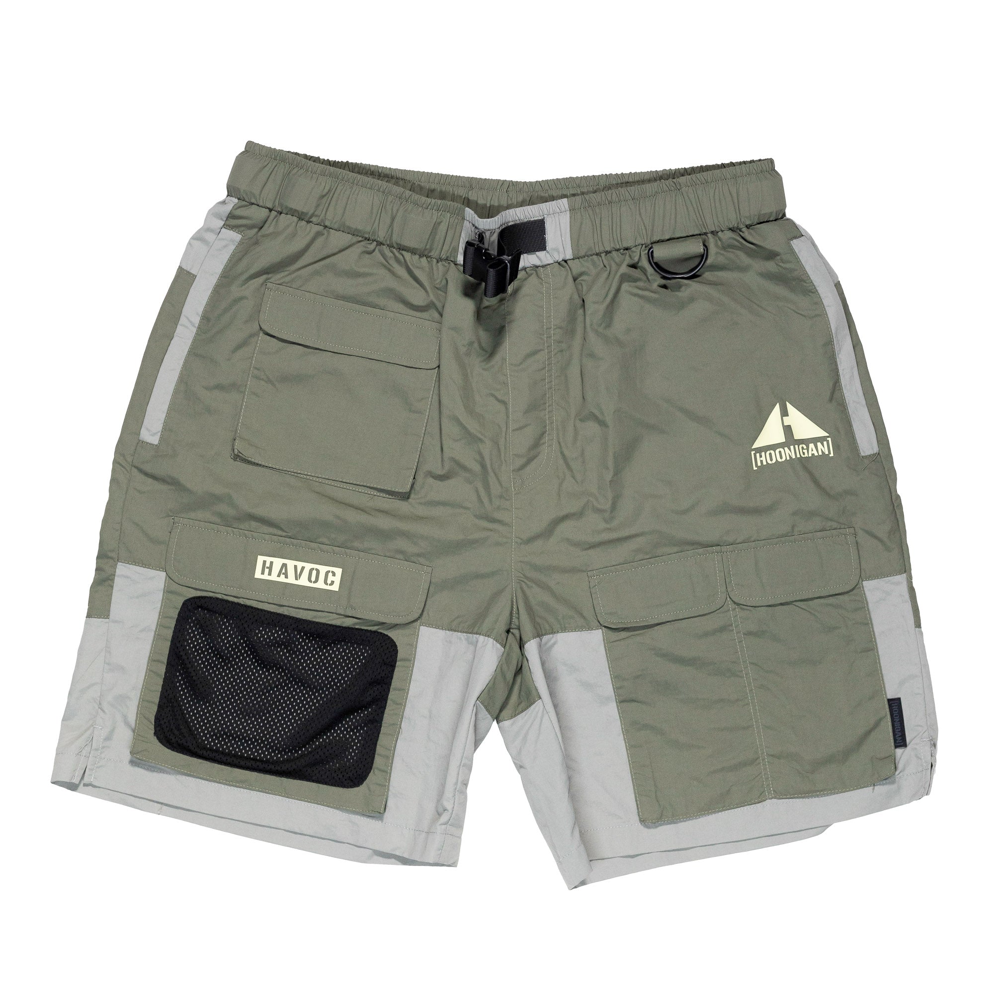 Hoonigan H.A.V.O.C. rain-activated cargo shorts in green with multiple pockets, reflective details, and adjustable waist.