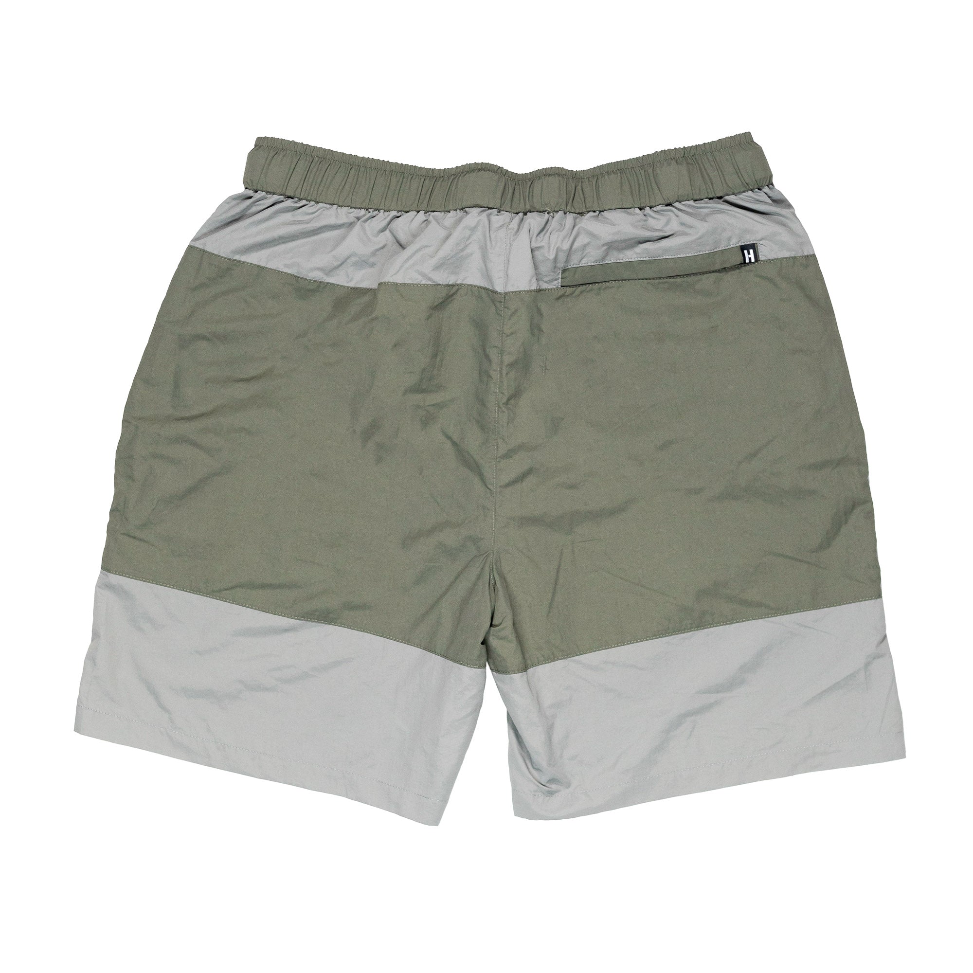 Hoonigan H.A.V.O.C. rain-activated cargo shorts with color-block design, elastic waistband, and zippered back pocket.