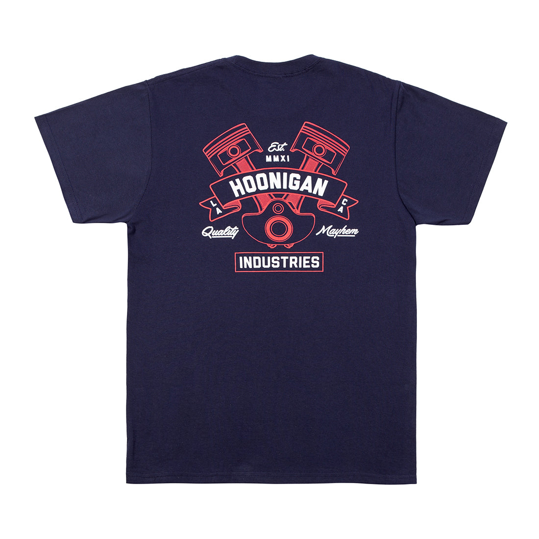 Hoonigan CRANKED Short Sleeve Tee featuring back design with logo and graphic on a navy blue background.