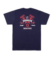 Hoonigan CRANKED Short Sleeve Tee featuring back design with logo and graphic on a navy blue background.
